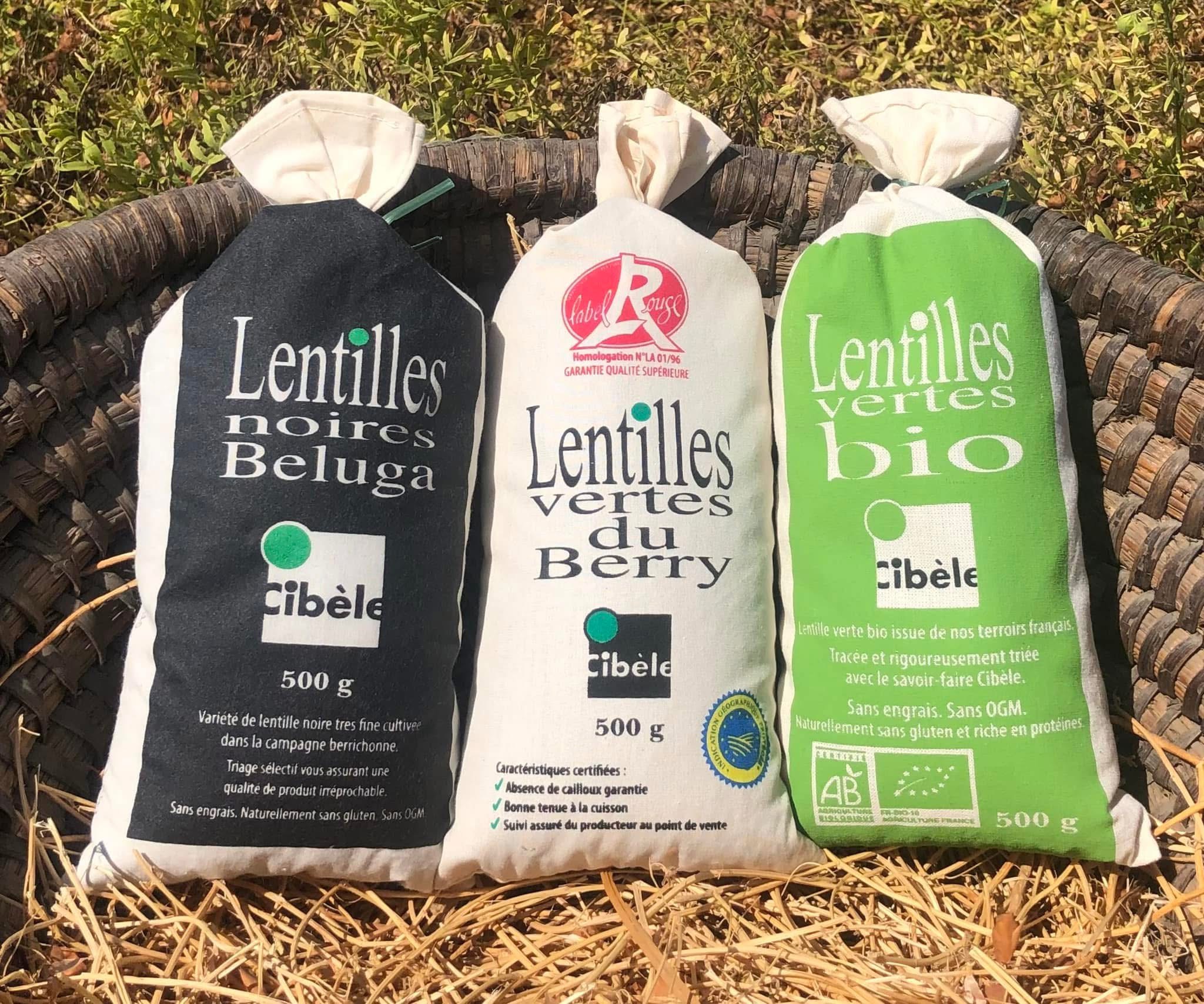 Sachets de lentilles Beluga noires, vertes du Berry et bio Cibèle en vrac