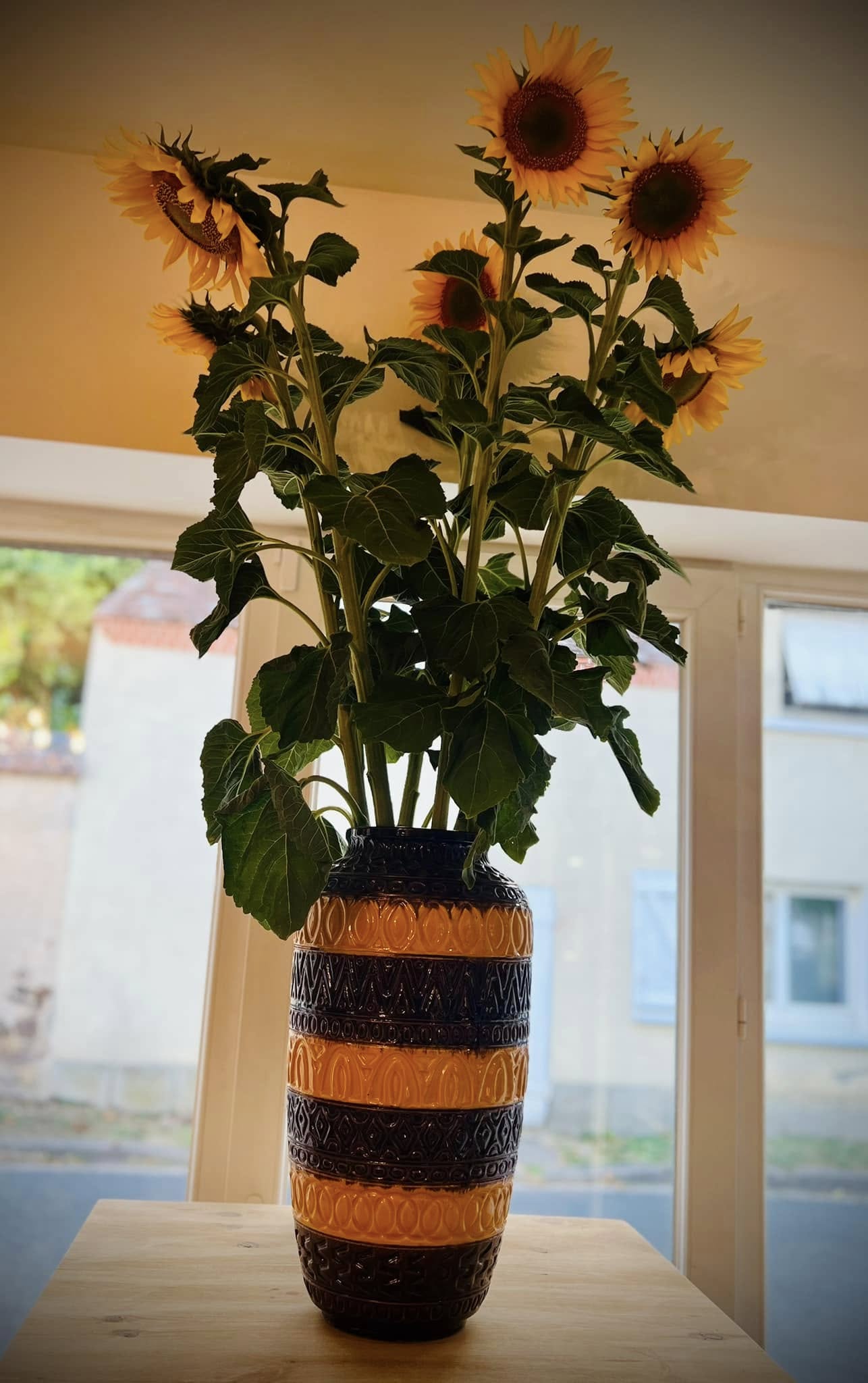 Vase de tournesols près de la vitrine